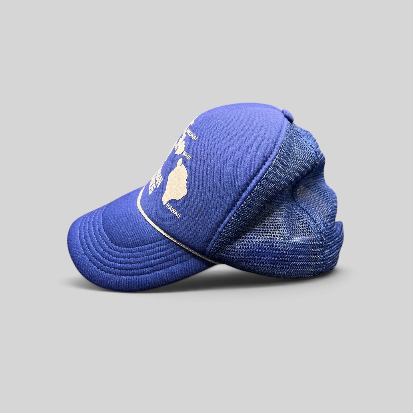 Raree Finds vintage royal blue foam trucker hat with white Hawaiian Islands map graphic and breathable mesh back