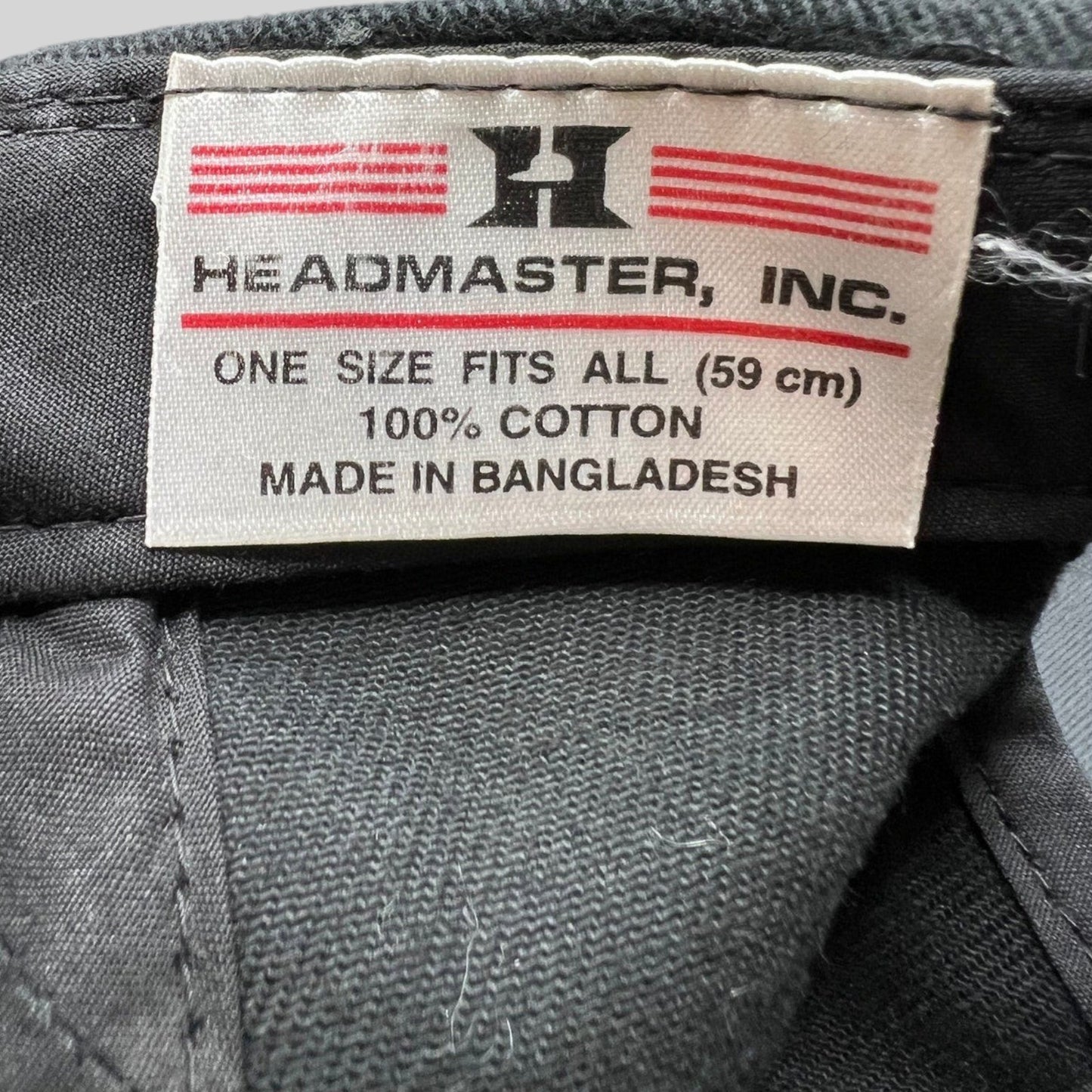 Raree Finds vintage Headmaster Inc. Lakers hat interior tag showing 100% cotton material and manufacturing details