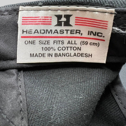 Raree Finds vintage Headmaster Inc. Lakers hat interior tag showing 100% cotton material and manufacturing details
