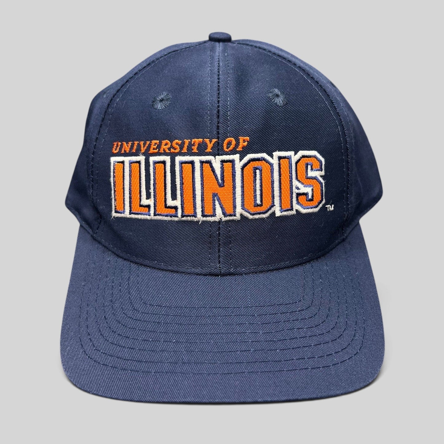 Raree Finds vintage 1990s University of Illinois navy cotton snapback hat with orange and white embroidered lettering