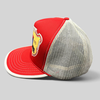 Raree Finds vintage 90s Kenworth Trucks trucker hat with a red foam front, white mesh back, and snapback closure.