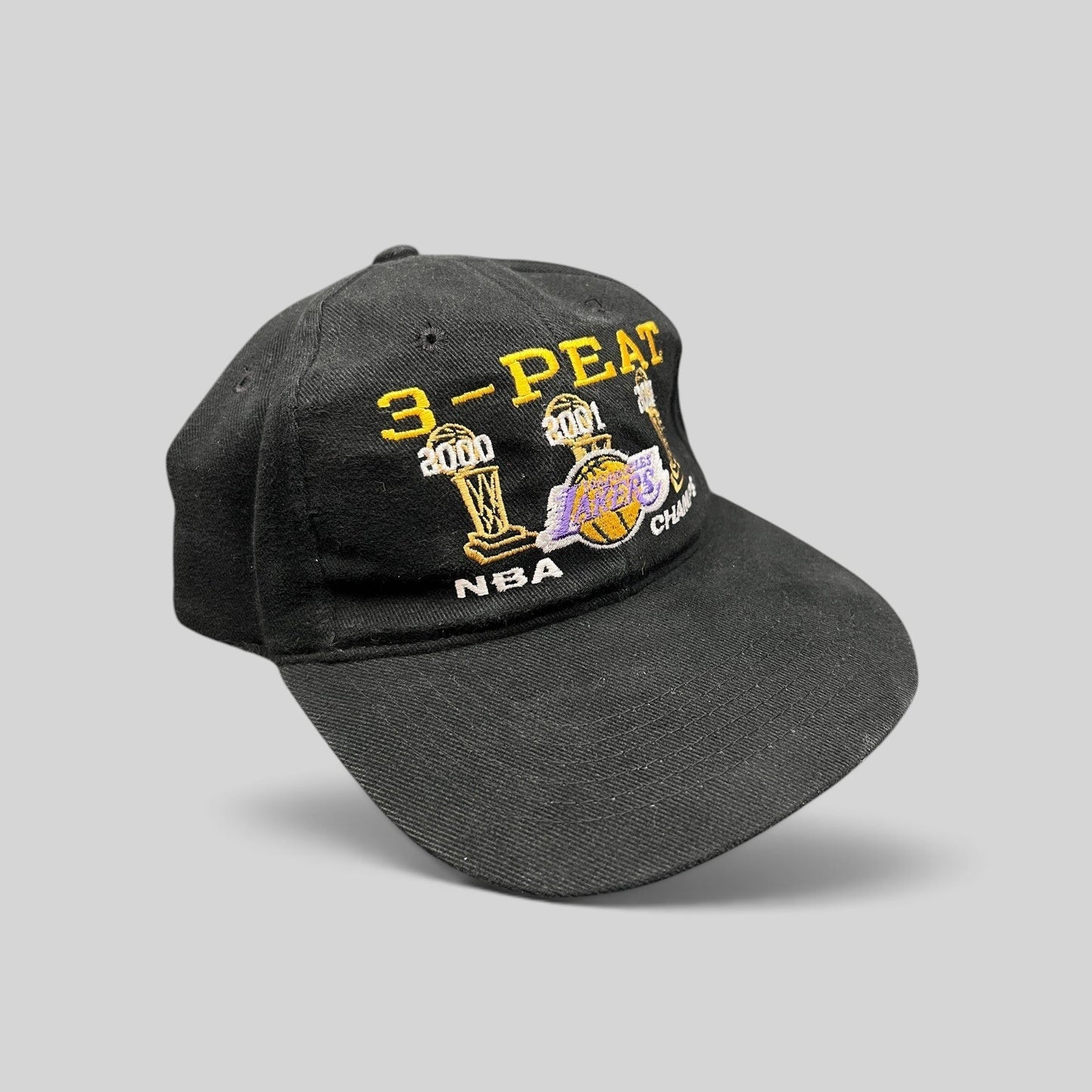 Raree Finds vintage black Los Angeles Lakers 3-Peat NBA champions cotton hat with gold and purple embroidery