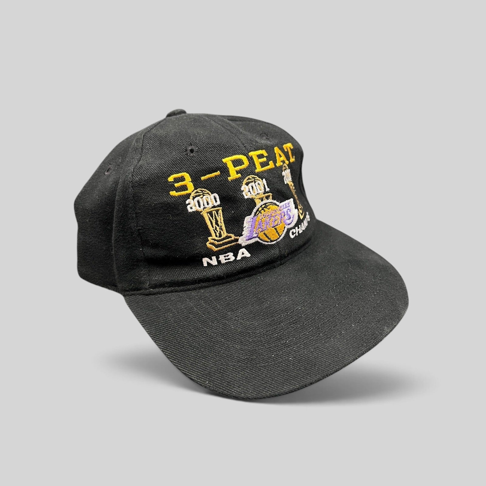 Raree Finds vintage black Los Angeles Lakers 3-Peat NBA champions cotton hat with gold and purple embroidery