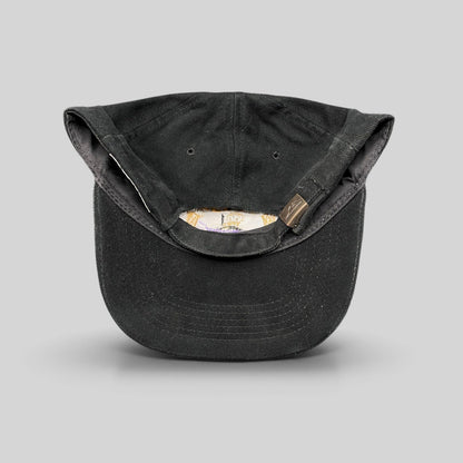 Raree Finds vintage black cotton Los Angeles Lakers 3-Peat championship hat showing the adjustable metal clasp strapback