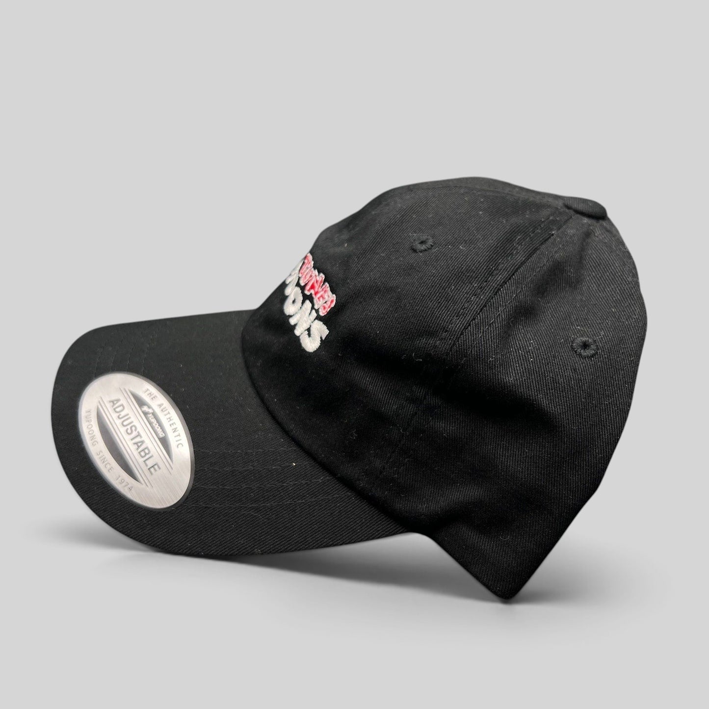 Raree Finds black cotton Looney Tunes Cartoons crew strapback hat with red and white embroidery and brass buckle
