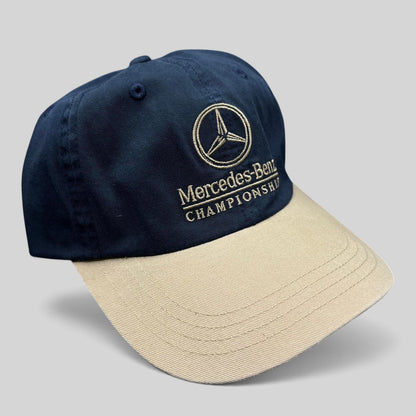 Raree Finds vintage navy and tan cotton strapback golf hat with embroidered Mercedes-Benz Championship logo