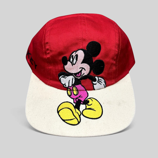 Raree Finds Disney Mickey Mouse youth snapback hat with red crown, white brim, and large embroidered Mickey graphic.