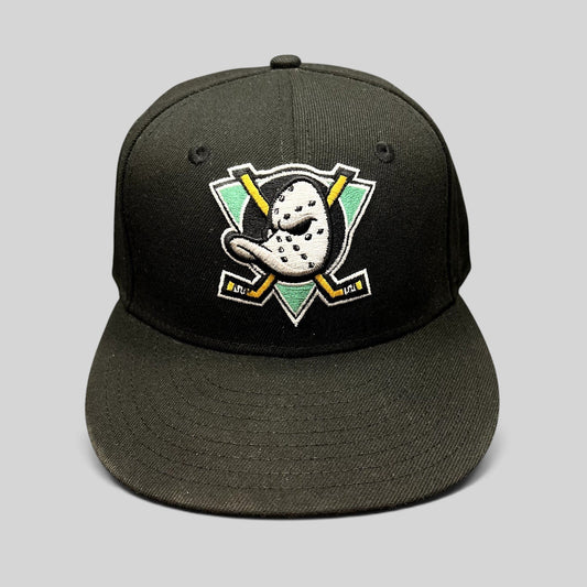 Raree Finds black New Era 59FIFTY fitted hat featuring the embroidered Anaheim Mighty Ducks goalie mask logo