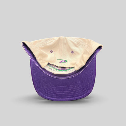 Raree Finds vintage 1990s Milwaukee Bucks Pro Player snapback hat with white crown and purple brim interior view