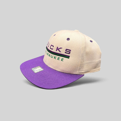 Raree Finds vintage 1990s Milwaukee Bucks Pro Player snapback hat with white crown, purple brim, and logo embroidery.