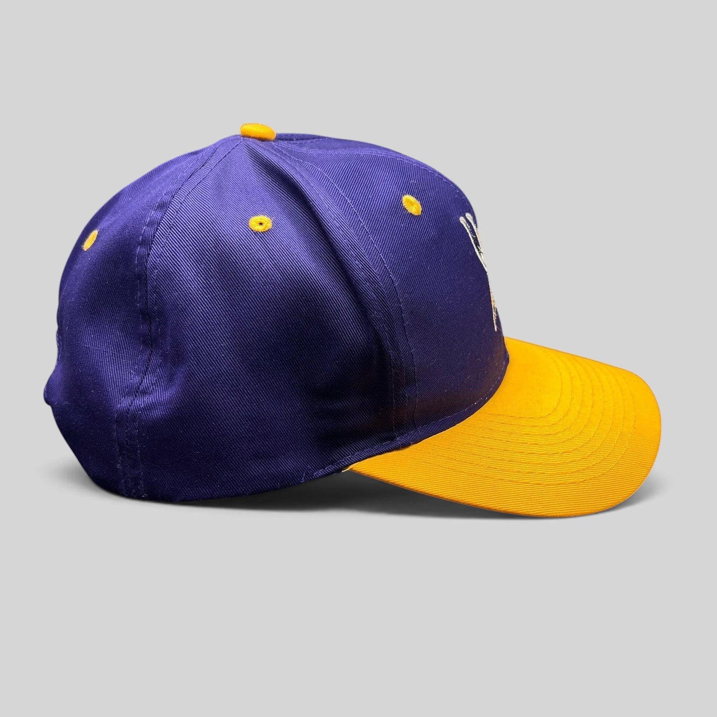 Raree Finds vintage Minnesota Vikings Logo Athletic snapback hat with a purple cotton crown and gold brim
