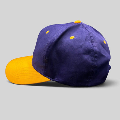 Raree Finds vintage Minnesota Vikings Logo Athletic snapback hat in purple cotton with a gold brim, side profile view.