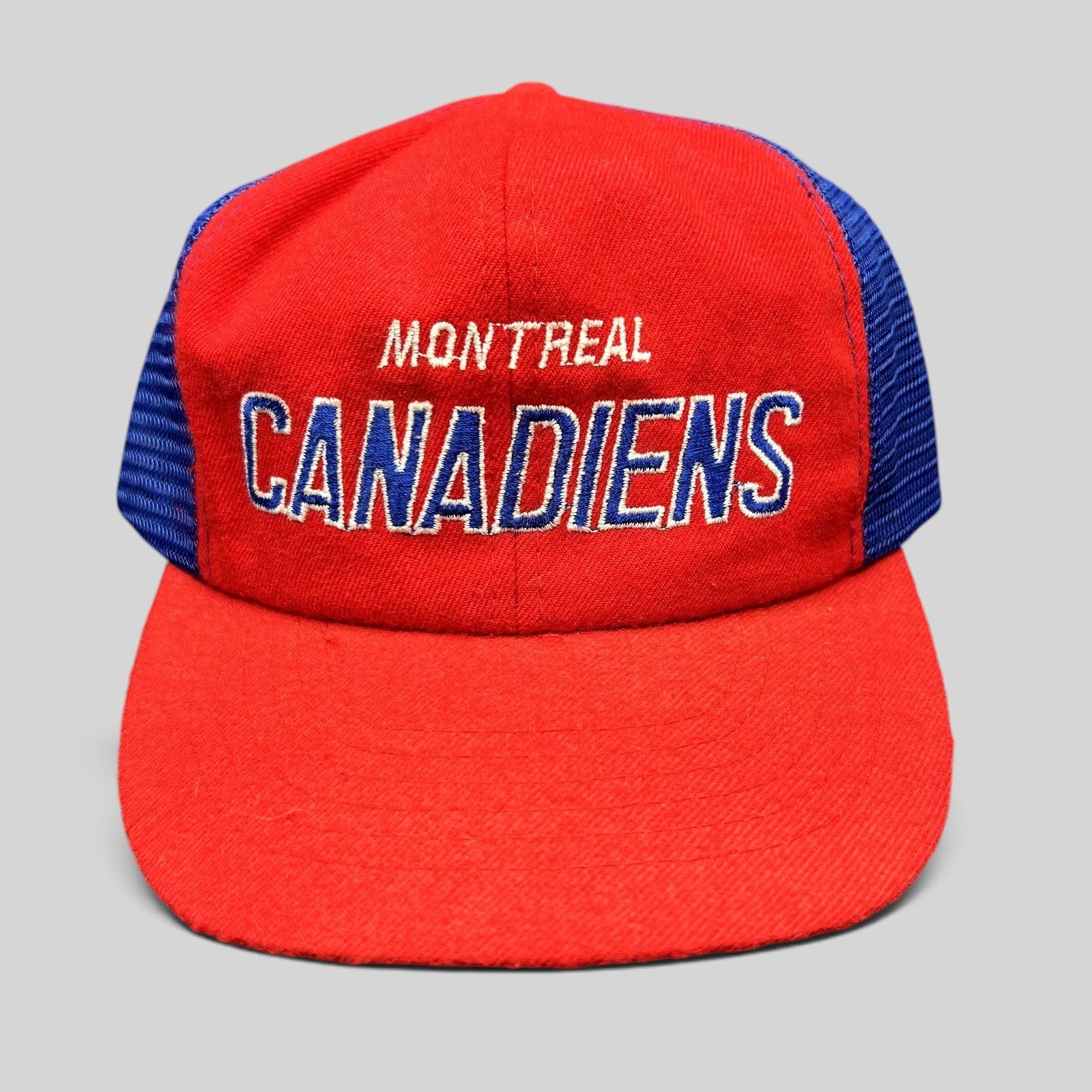 Raree Finds vintage Montreal Canadiens NHL mesh trucker snapback hat in red and blue with embroidered front script