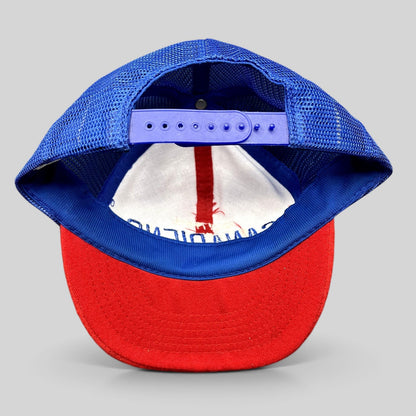 Raree Finds vintage Montreal Canadiens NHL mesh trucker snapback hat with blue adjustable snap closure and red brim.