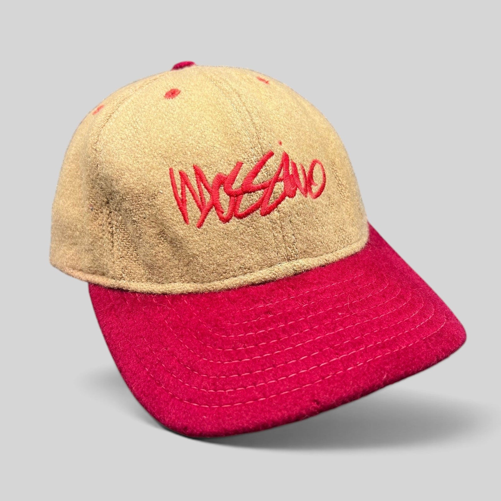 Raree Finds vintage Mossimo wool snapback hat in camel and red with embroidered script logo