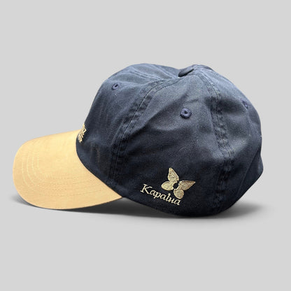 Raree Finds vintage Imperial Headwear navy and tan cotton strapback golf hat with Kapalua butterfly embroidery