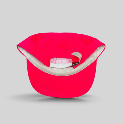 Raree Finds vintage 80s neon pink nylon ski hat showing the interior foam sweatband and adjustable metal clasp