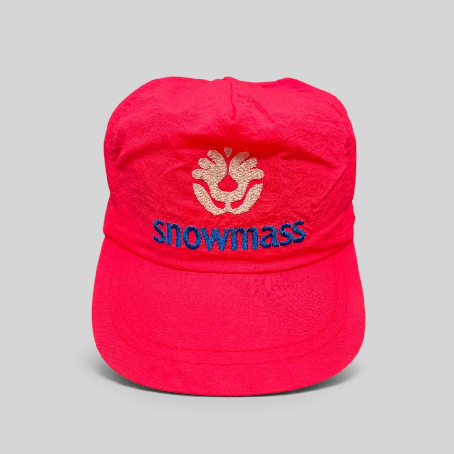 Raree Finds vintage 80s neon pink nylon Snowmass ski hat with white tree logo and blue embroidery