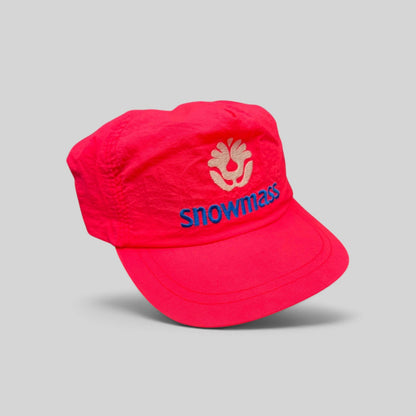 Raree Finds vintage 80s neon pink nylon Snowmass ski hat with white tree logo and blue embroidery