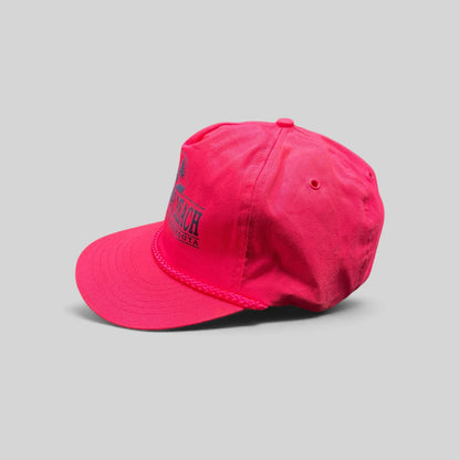 Raree Finds vintage 1980s neon pink snapback hat with navy Norway Beach graphic and decorative front braided rope