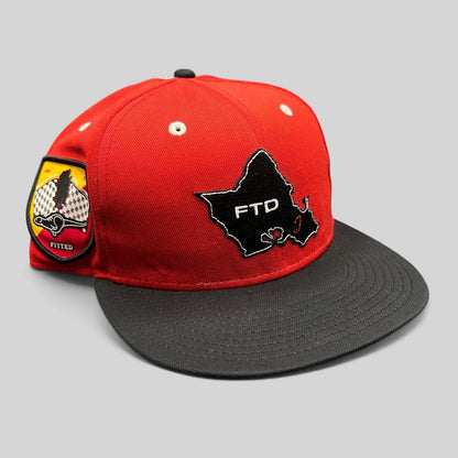 Raree Finds New Era Hawaii King of Tantalus snapback hat in red and black with FTD map embroidery and side patch.