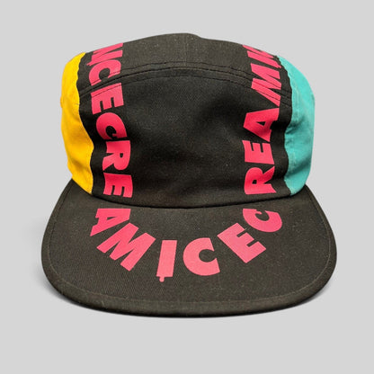Raree Finds New Era Ice Cream America strapback hat in black cotton with vibrant pink text and teal yellow panels