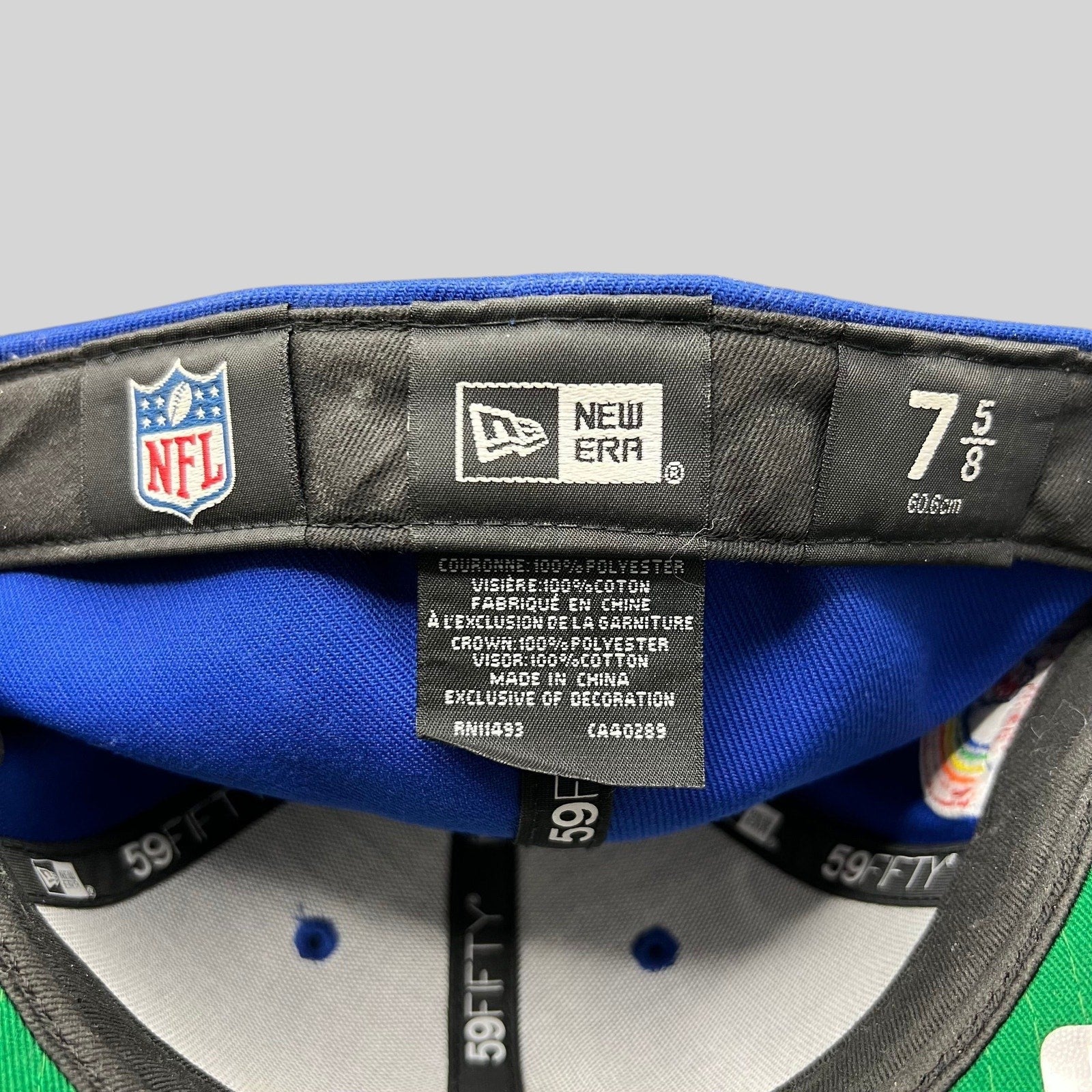 Raree Finds New Era 59FIFTY New England Patriots hat interior label showing size 7 5/8 and official NFL branding
