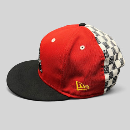Raree Finds New Era King of Tantalus snapback hat in red and black with a checkered side panel and flat brim