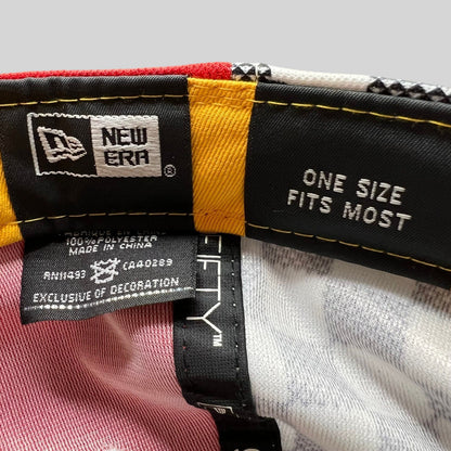 Raree Finds New Era snapback interior label showing polyester material, one size fits most, and branding details.