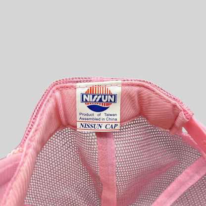 Raree Finds vintage Nissun Cap label inside a pink mesh trucker hat with white foam front panel