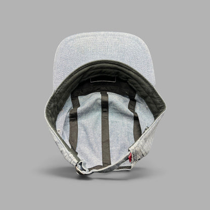 Raree Finds Oakley light denim chambray 5-panel camp cap showing interior construction and adjustable metal buckle