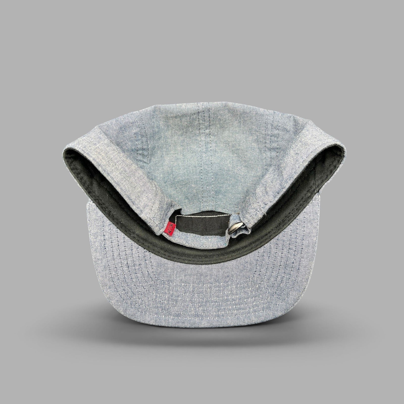 Raree Finds Oakley light denim chambray 5-panel camp cap interior view with adjustable metal buckle strap