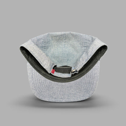 Raree Finds Oakley light denim chambray 5-panel camp cap interior view with adjustable metal buckle strap