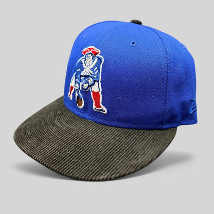 Raree Finds New England Patriots 59FIFTY fitted hat with royal blue crown and black corduroy brim featuring Pat Patriot