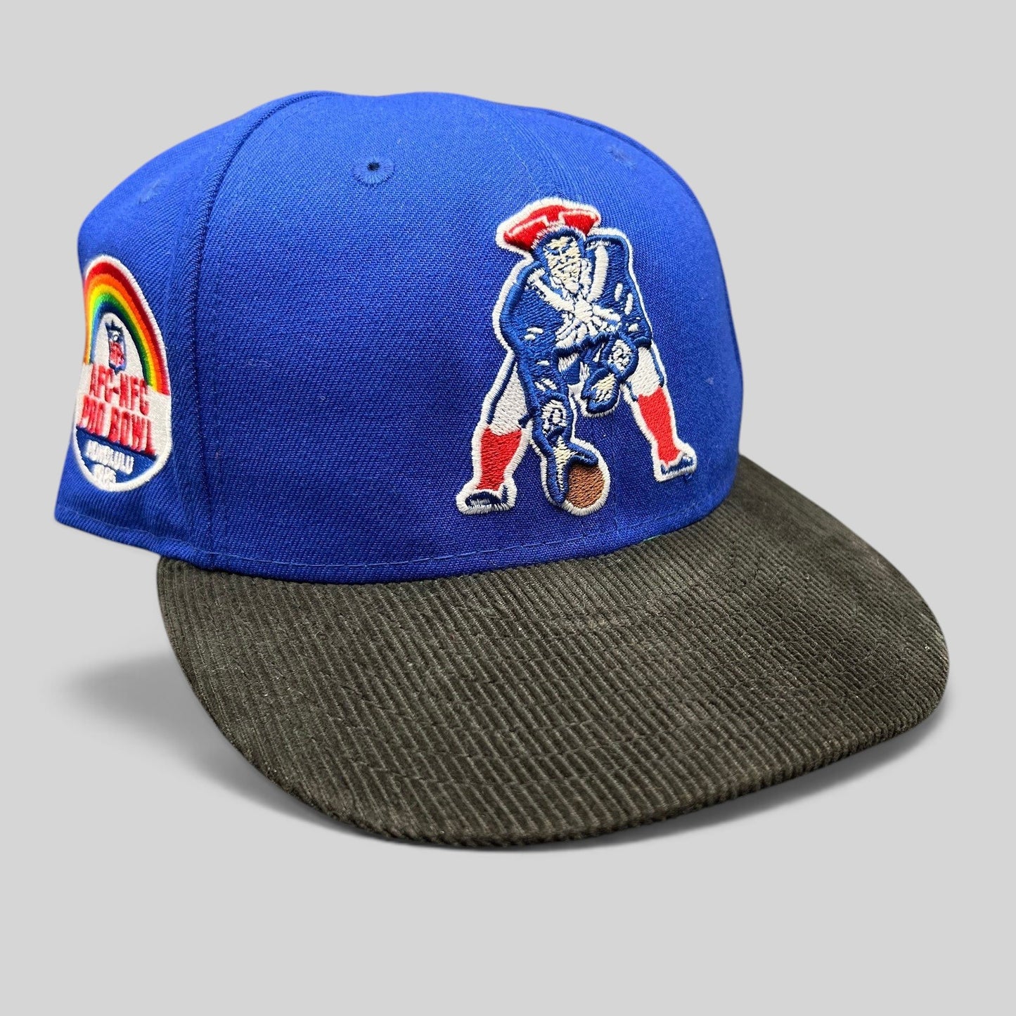 Raree Finds New England Patriots 59FIFTY fitted hat with royal blue crown, black corduroy brim, and Pro Bowl patch.