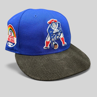 Raree Finds New England Patriots 59FIFTY fitted hat with royal blue crown, black corduroy brim, and Pro Bowl patch.