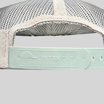 Raree Finds vintage Peter Cap trucker hat snapback closure detail with white mesh and embossed plastic strap