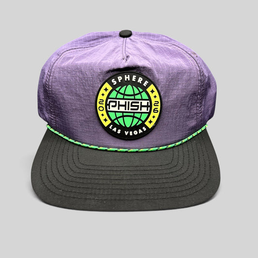 Raree Finds Phish Sphere 2026 Las Vegas purple ripstop nylon snapback hat with black flat bill and green rope accent