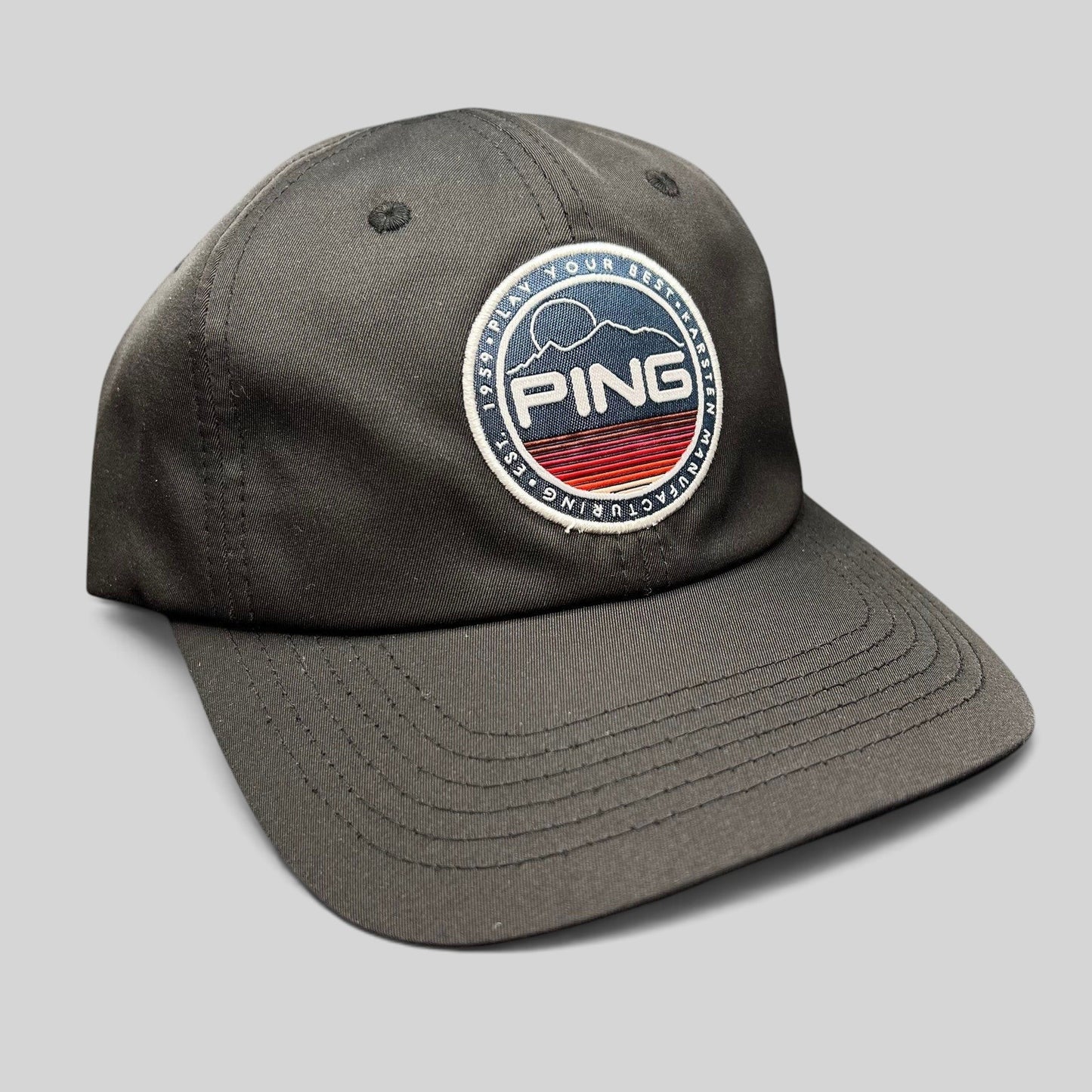 Raree Finds PING black golf strapback hat with circular mountain patch logo and SensorCool moisture-wicking fabric.