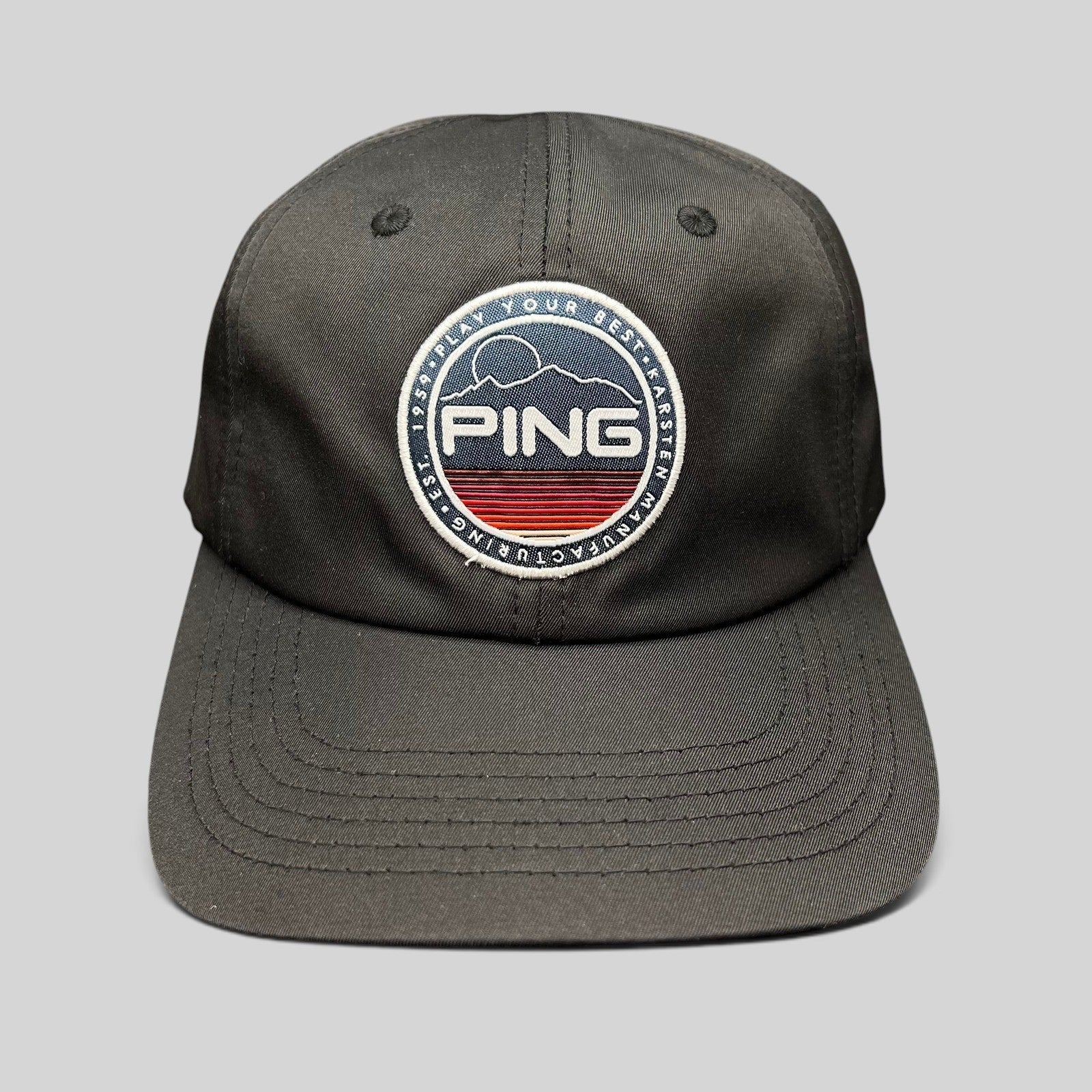 Raree Finds PING black golf strapback hat with a circular embroidered mountain patch logo and SensorCool fabric.