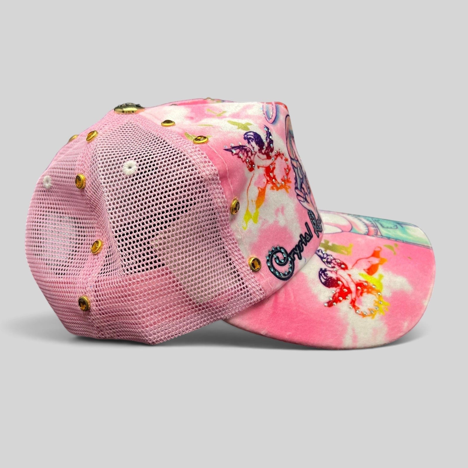 Raree Finds Crystal Rock by Christian Audigier pink Y2K trucker hat with angel graphic, rhinestones, and metal studs.