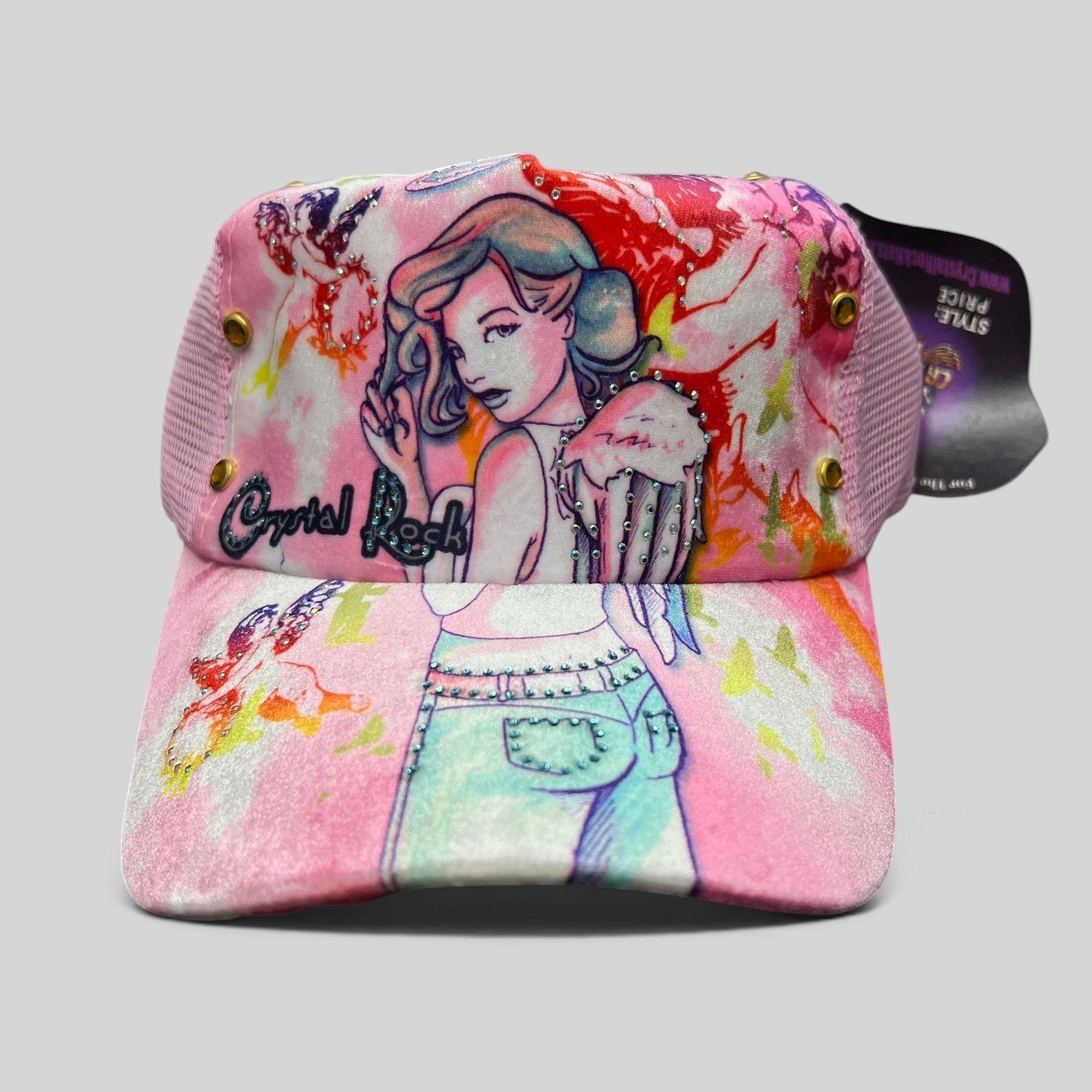 Raree Finds Crystal Rock by Christian Audigier pink trucker hat with Y2K angel graphic, rhinestones, and metal studs.