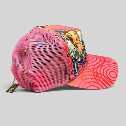 Raree Finds Crystal Rock by Christian Audigier pink Y2K trucker hat with rhinestone studs and illustrated graphic