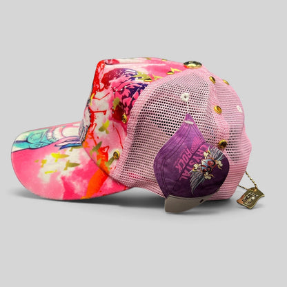 Raree Finds Crystal Rock by Christian Audigier pink Y2K trucker hat with angel graphic, rhinestones, and metal studs.