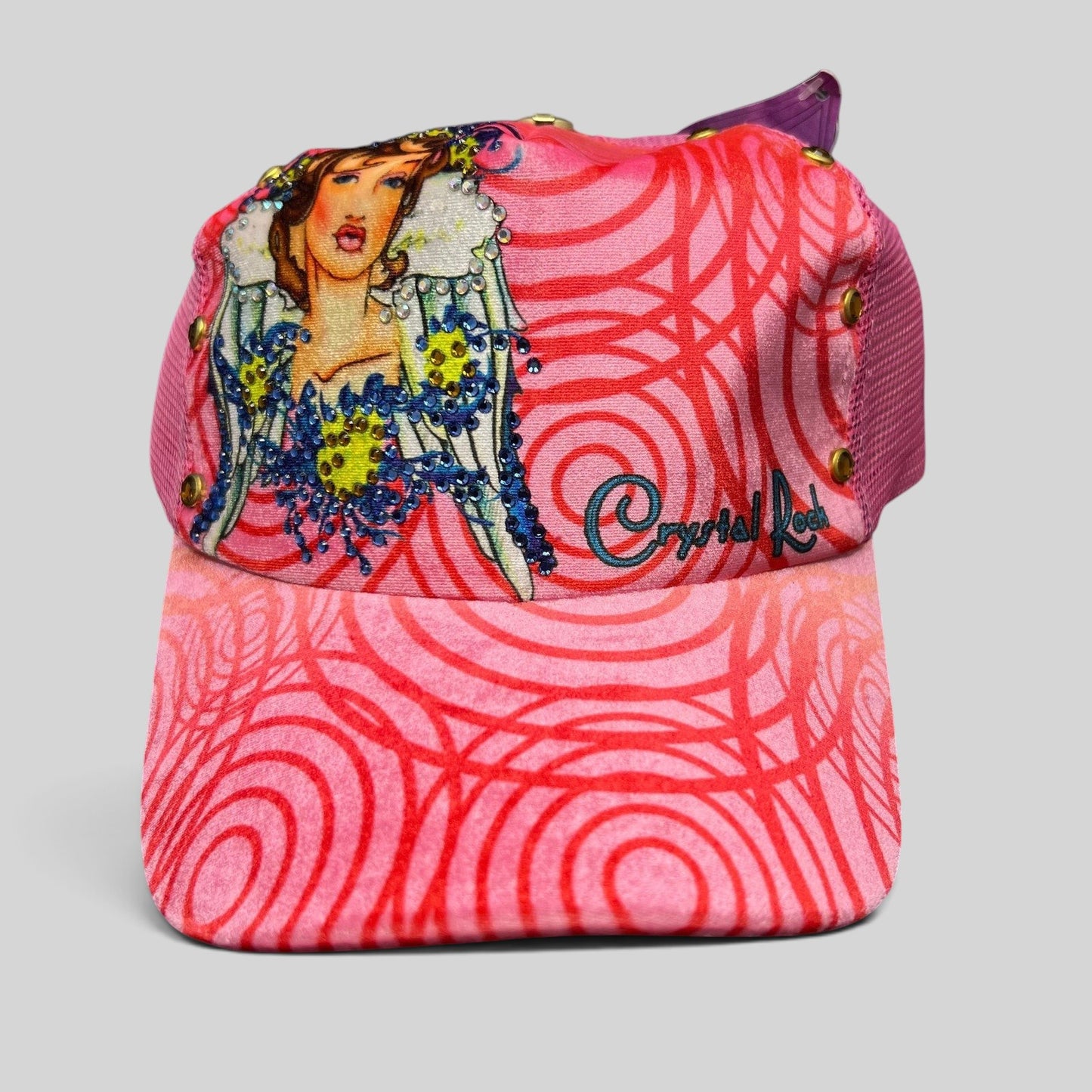 Raree Finds Crystal Rock by Christian Audigier pink trucker hat with Y2K graphic, rhinestones, and metallic studs.
