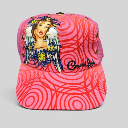Raree Finds pink Crystal Rock by Christian Audigier trucker hat with rhinestone angel graphic and swirl pattern