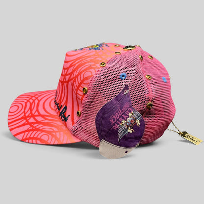 Raree Finds Crystal Rock by Christian Audigier pink Y2K trucker hat with rhinestone studs and mesh back