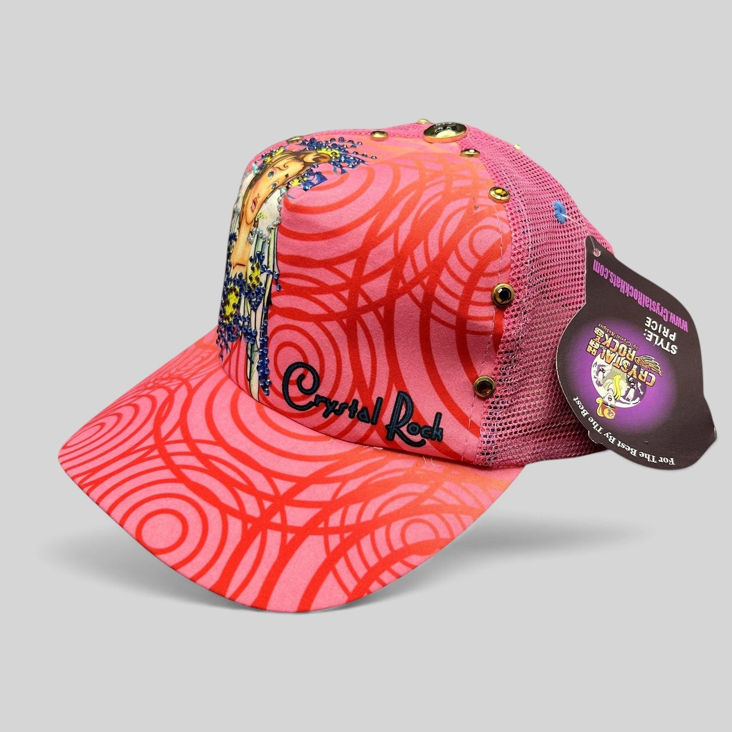 Raree Finds Crystal Rock by Christian Audigier pink Y2K trucker hat with rhinestone embellishments and graphic print.