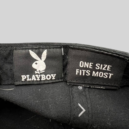 Raree Finds black Playboy strapback hat interior label with bunny logo and one size fits most text