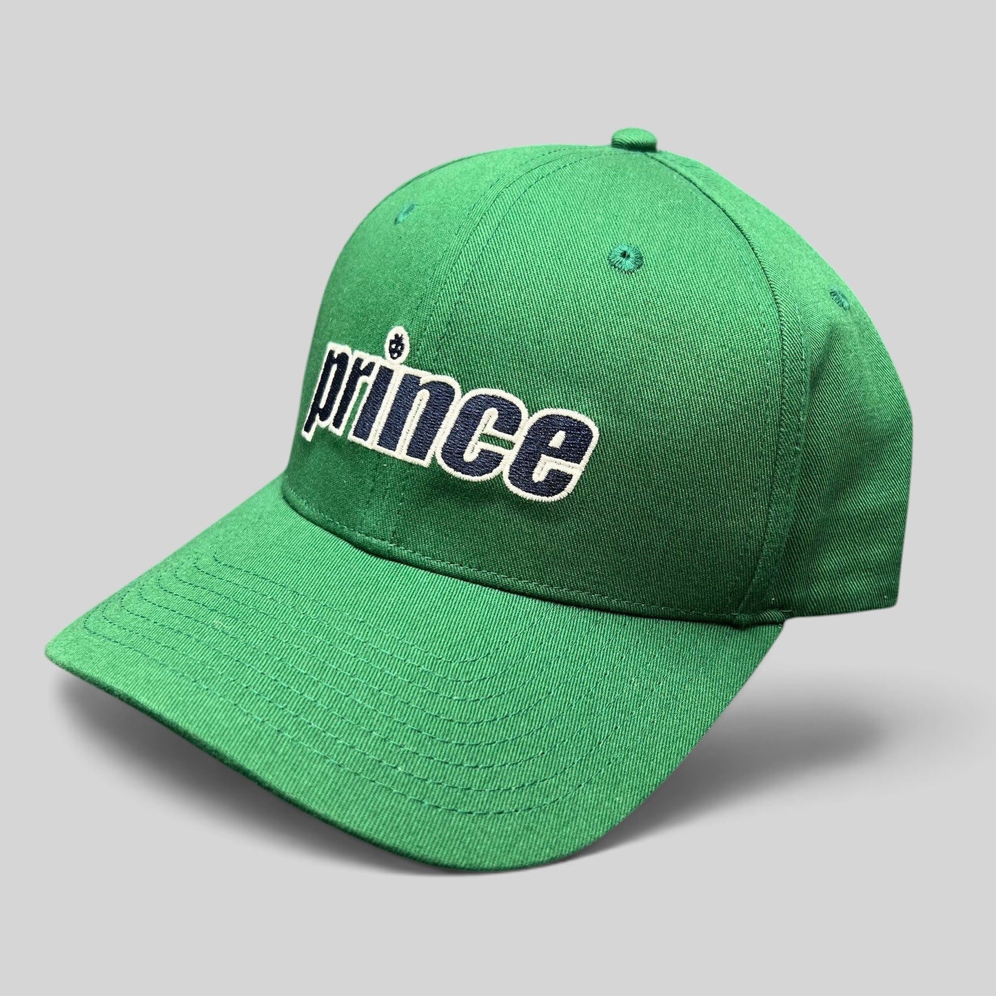 Raree Finds Prince Pickleball green strapback hat with bold navy and white embroidered script logo on the crown